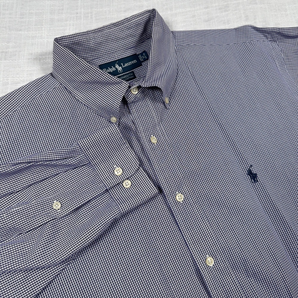 Ralph Lauren Button Down Shirt Men 17 34/35 Navy Purple Gingham Yarmouth Preppy